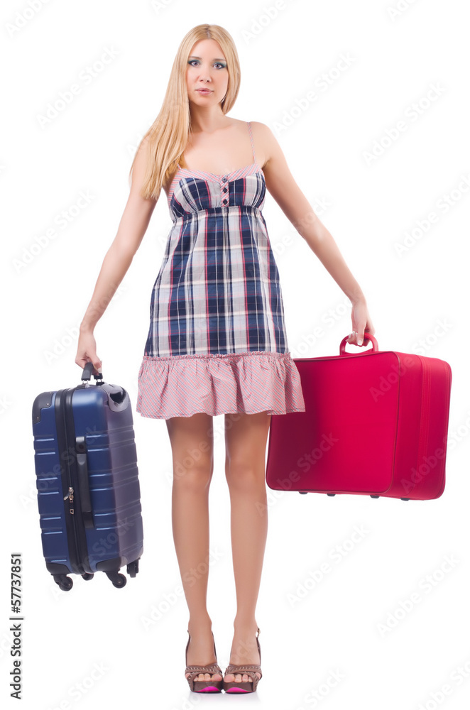 Woman preparing for vacation with suitcase on white Woman preparing for vacation with suitcase on white