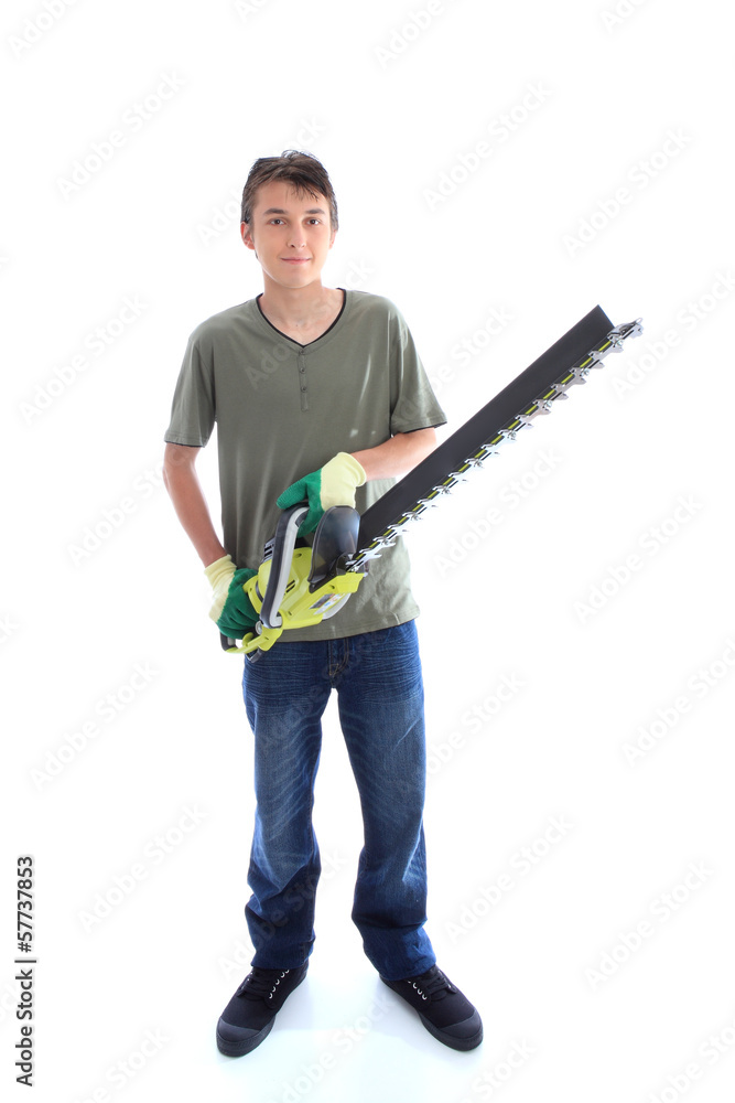 Male with hedge trinner garden tool Male with hedge trinner garden tool