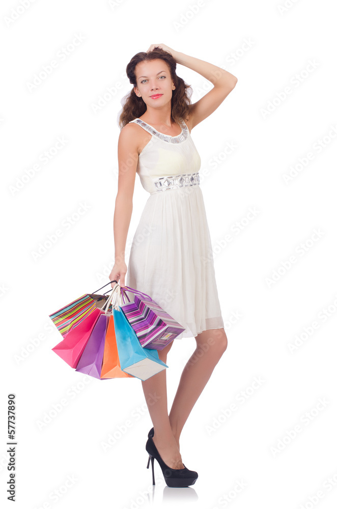 Girl after good shopping on white Girl after good shopping on white