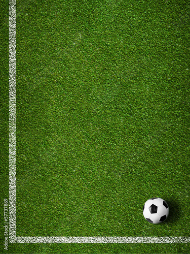 Soccer grass field with marking and ball top view