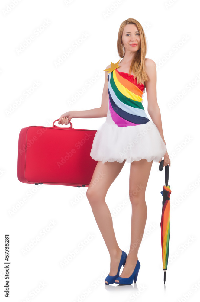 Woman preparing for vacation with suitcase on white Woman preparing for vacation with suitcase on white