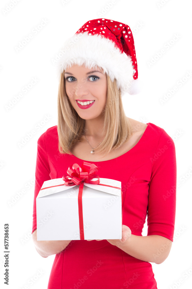 happy woman in santa hat with gift isolated on white background happy woman in santa hat with gift isolated on white background