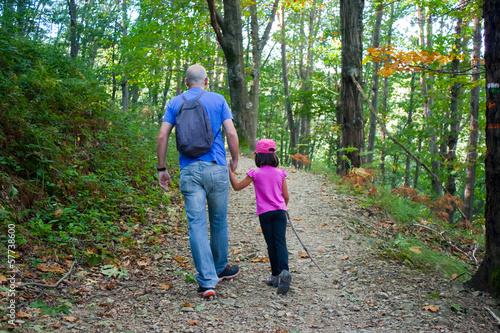 Father and daughter walking in the forest
