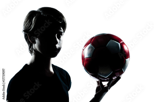 one teenager boy girl silhouette holding showing soccer footba