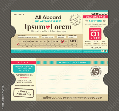Vector Train Ticket Wedding Invitation Design Template