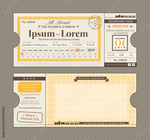 Vector Train Ticket Wedding Invitation Design Template