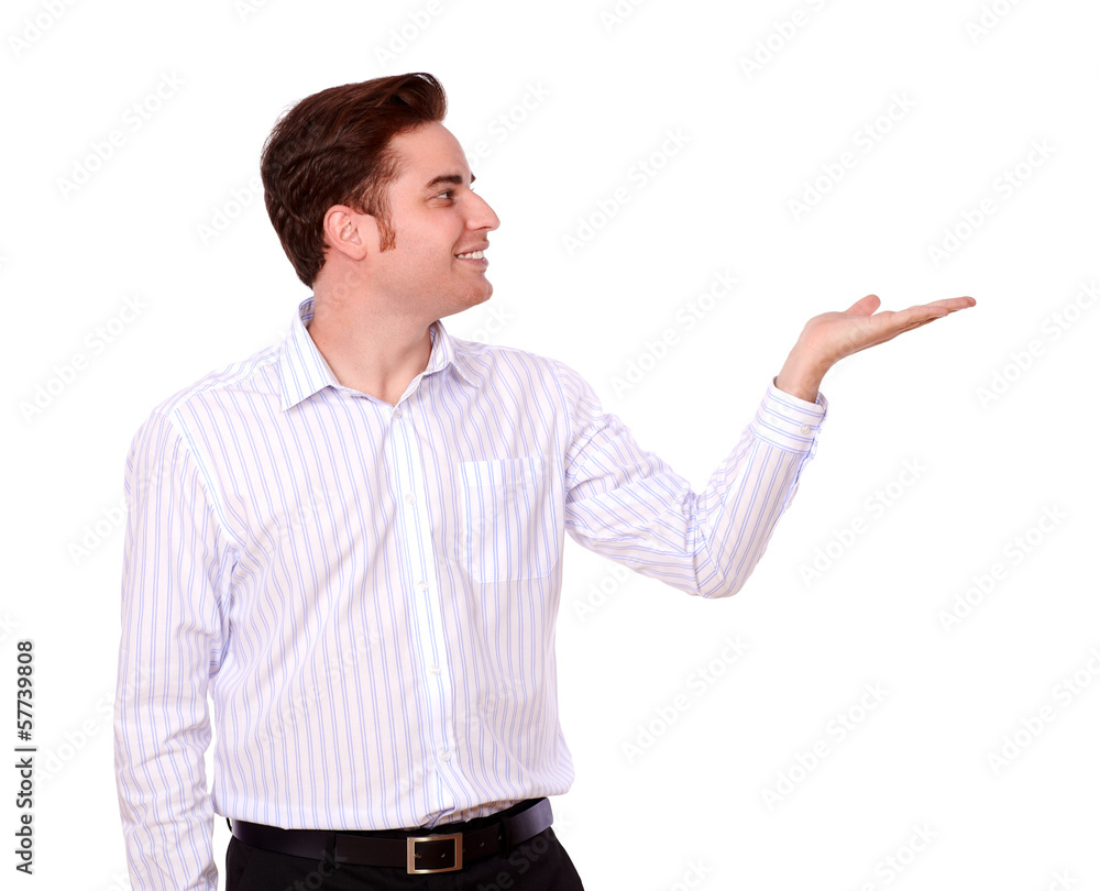 Caucasian man holding out his left palm Caucasian man holding out his left palm