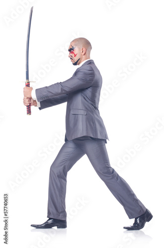 Businessman with sword isolated on white