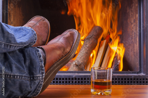 drinks at fireplace on winter evening