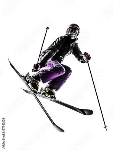 one woman skier freestyler jumping silhouette