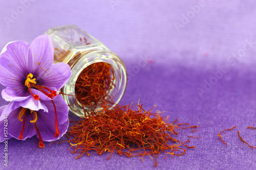 Dried saffron spice and Saffron flower photo