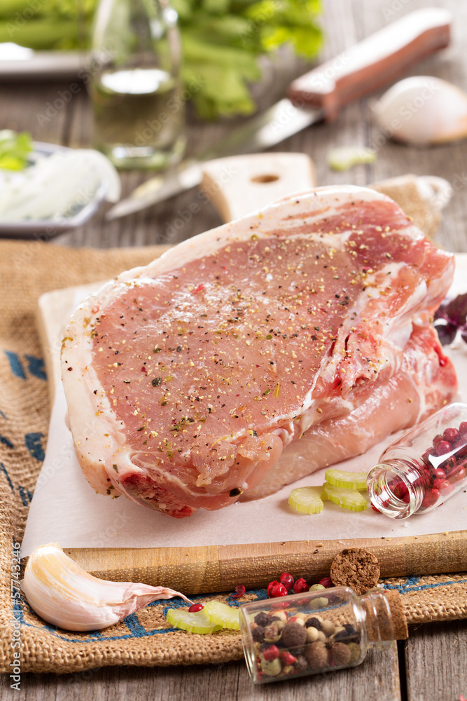 Raw pork on a cutting board