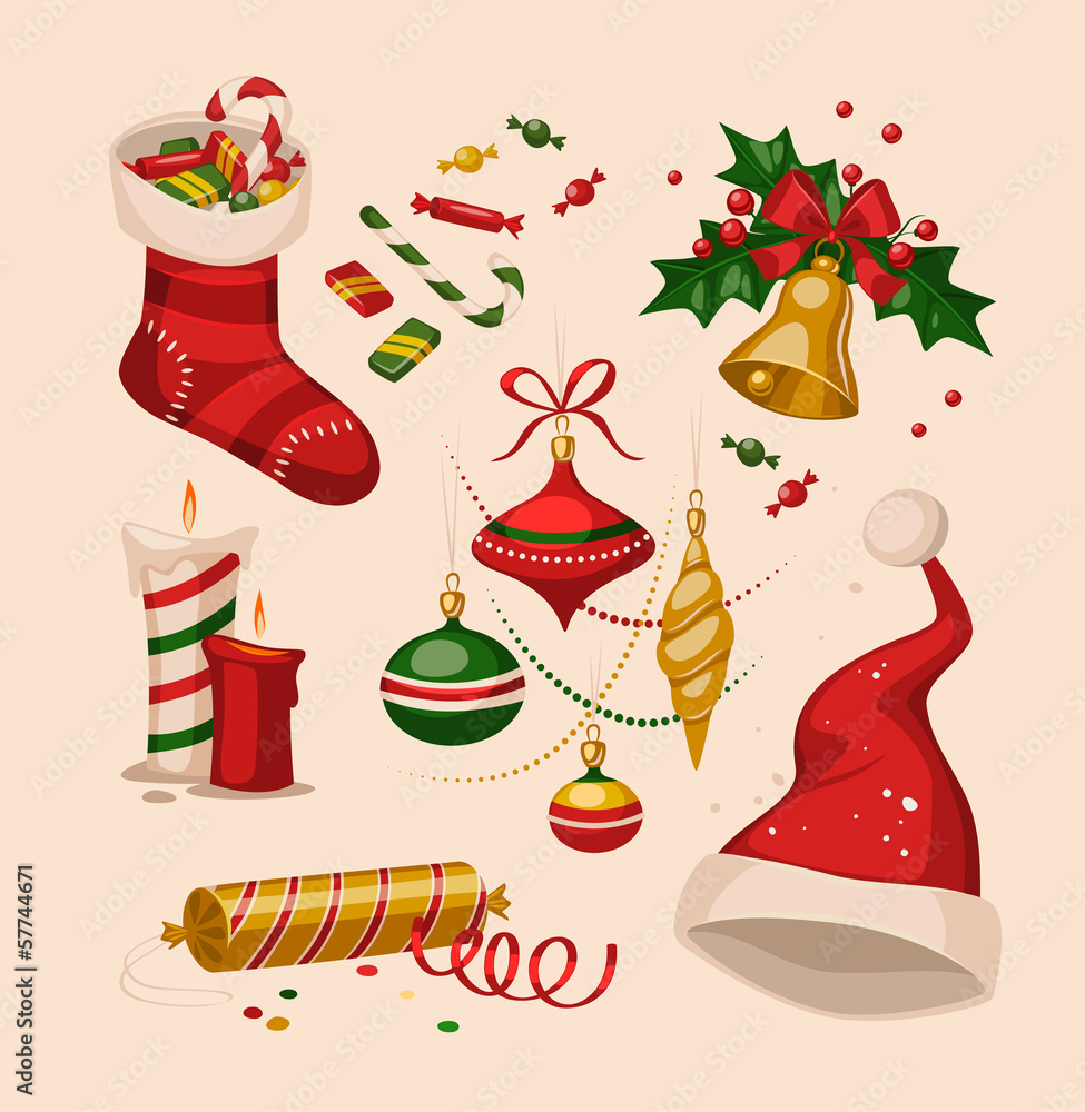 Naklejka premium Christmas decoration objects. Vector illustration.