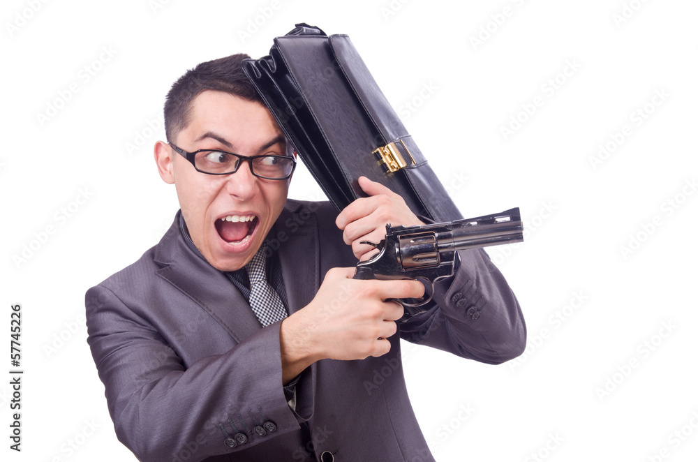 Funny businessman with gun on white Funny businessman with gun on white