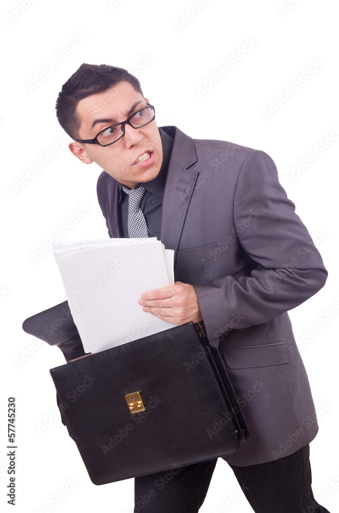 Funny businessman with gun on white Funny businessman with gun on white