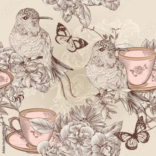 Vector seamless wallpaper pattern in floral vintage style