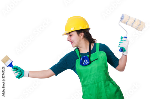 Woman painter with paintbrush on white