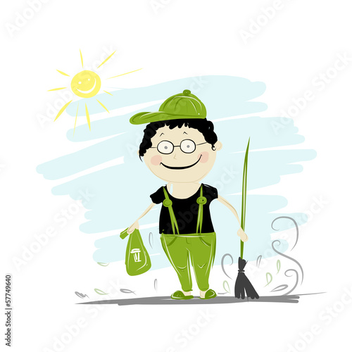 Funny janitor with broom for your design