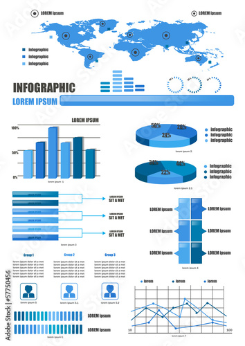 Infographic - Business World Map, Chart, Indicator Boxes