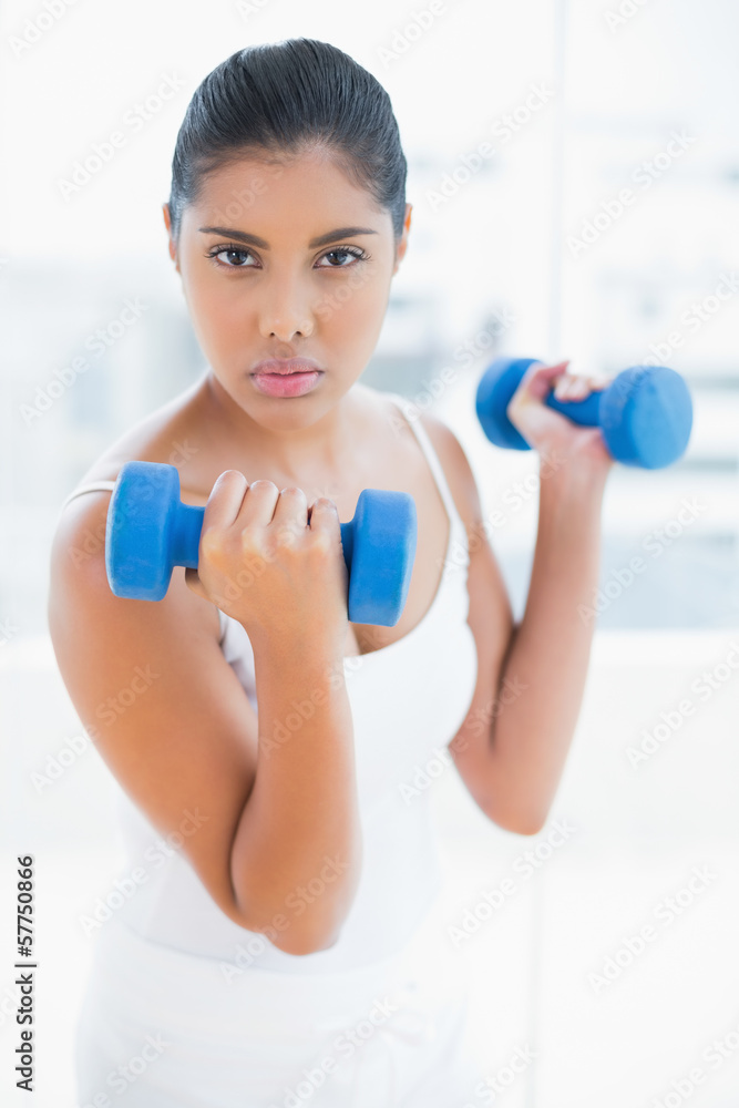 Serious toned brunette holding dumbbells Serious toned brunette holding dumbbells