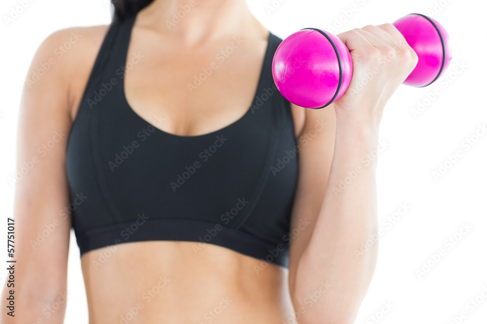 Close up of sporty young woman training with a pink dumbbell Close up of sporty young woman training with a pink dumbbell