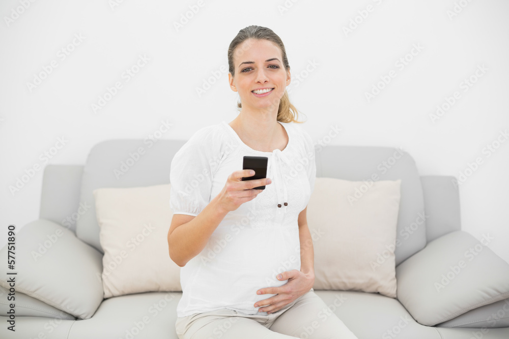 Cute pregnant woman holding her smartphone smiling happily at ca Cute pregnant woman holding her smartphone smiling happily at ca