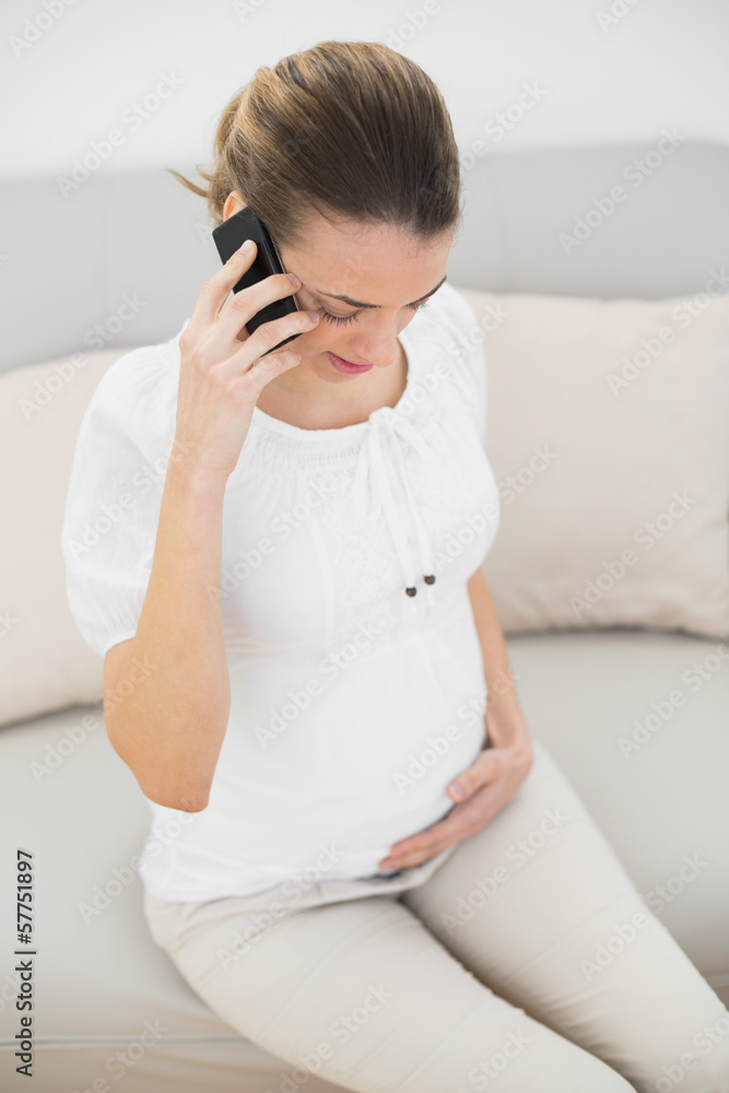 Calm pregnant woman phoning while touching her belly Calm pregnant woman phoning while touching her belly