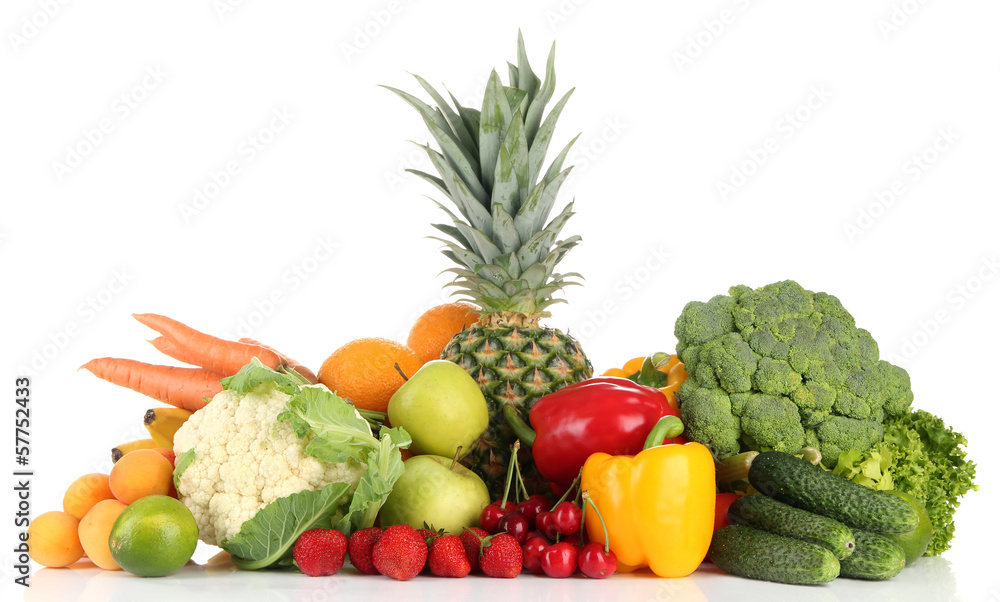 Assortment of fresh fruits and vegetables, isolated on white Assortment of fresh fruits and vegetables, isolated on white