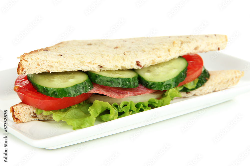 Tasty sandwich with salami sausage and vegetables Tasty sandwich with salami sausage and vegetables