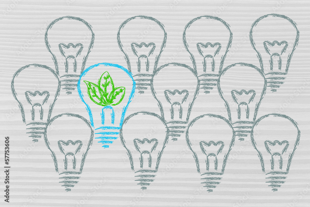 unique lightbulb with leaves inside, metaphor of green economy unique lightbulb with leaves inside, metaphor of green economy