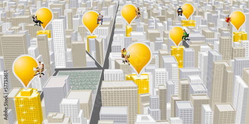 City with people on chair over golden buildings