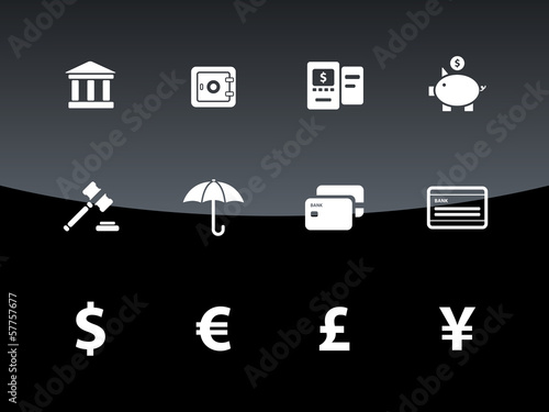 Banking icons on black background.