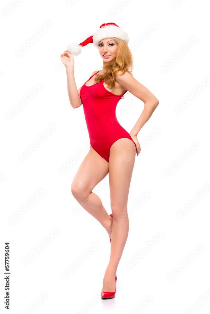 Beautiful, young and sexy Santa girl in Christmas swimsuit Beautiful, young and sexy Santa girl in Christmas swimsuit