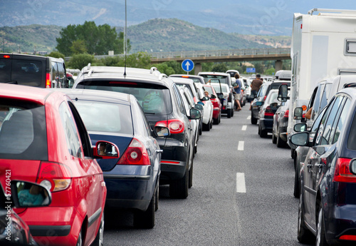 Bild auf Leinwand Autobahnstau Rückreiseverkehr Autos Stau
