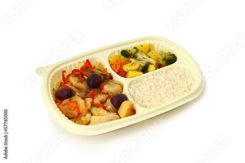 Cod a Portuguese style, rice and steamed vegetables