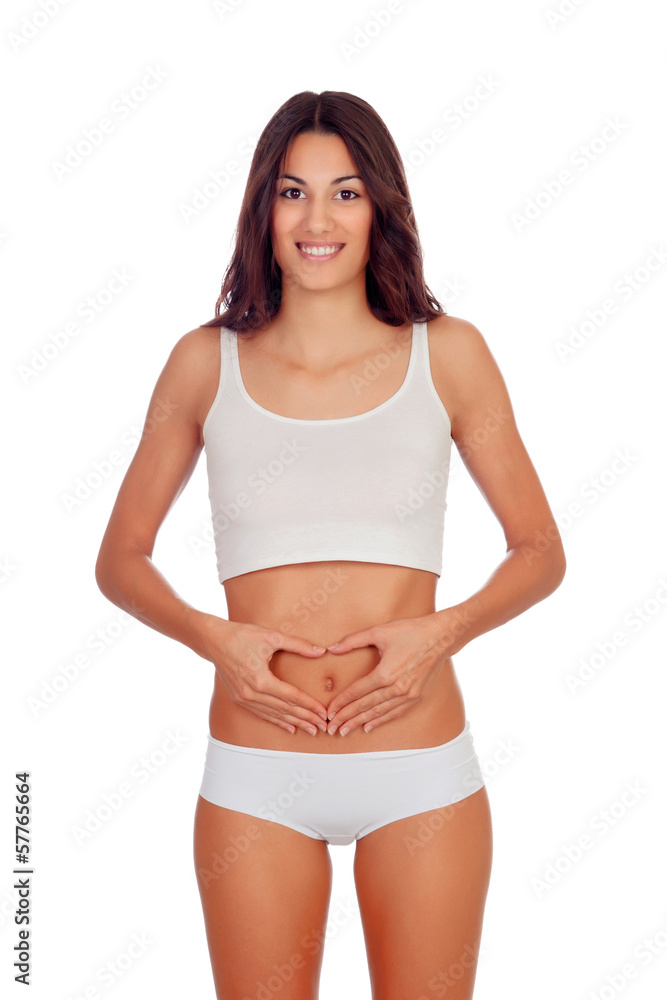 Girl in white underwear forming a heart with her hands on her be Girl in white underwear forming a heart with her hands on her be