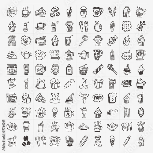 100 doodle coffee element icons set
