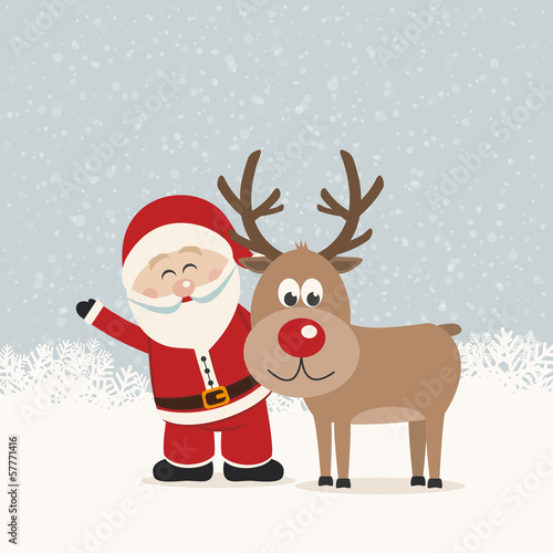 santa claus and reindeer snowy background