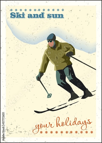 Winter background. Skier slides from the mountain.
