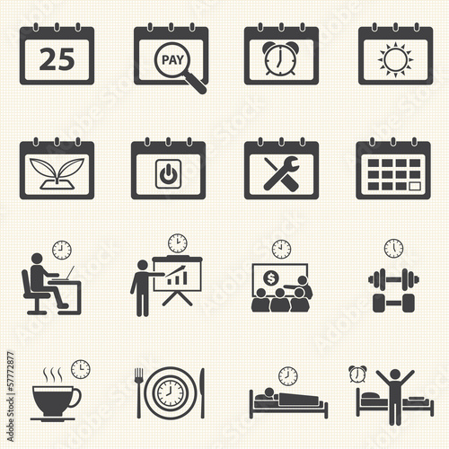 Business Time and Calendar icons set with texture background. 