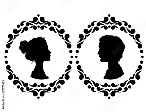 Profiles of man and woman in ornate frame