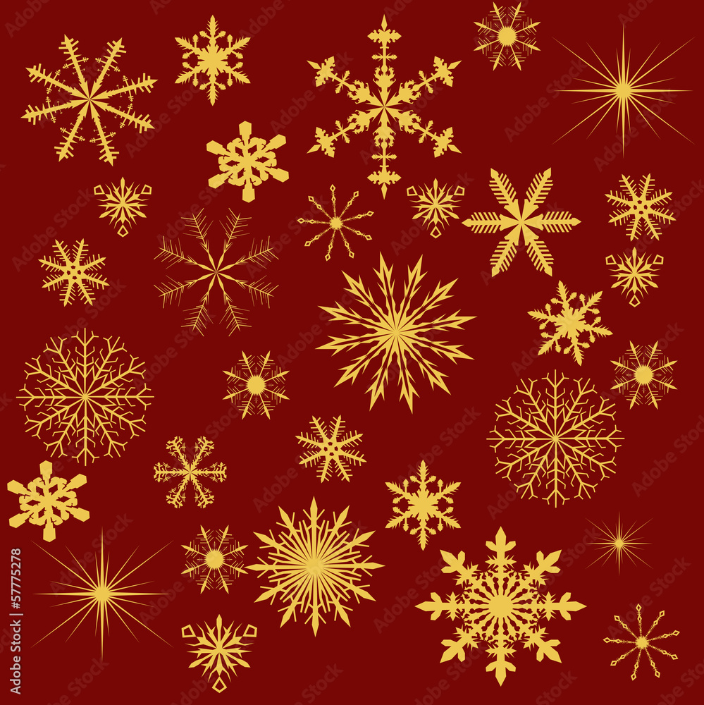 gold snowflakes collection on red background gold snowflakes collection on red background
