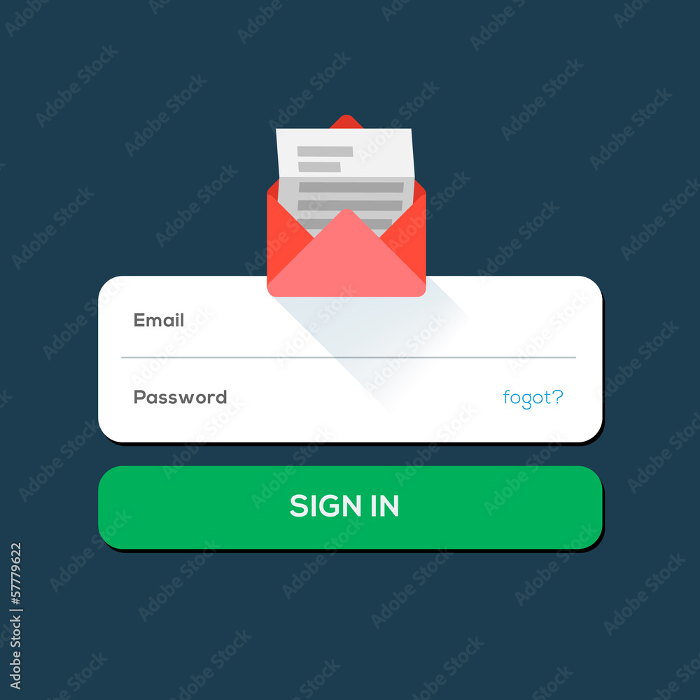 Envelope e-mail Flat icon, with log in button Envelope e-mail Flat icon, with log in button