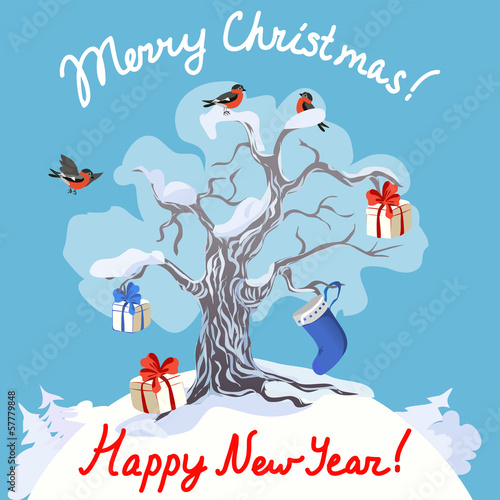 snowy tree with gifts and bullfinches