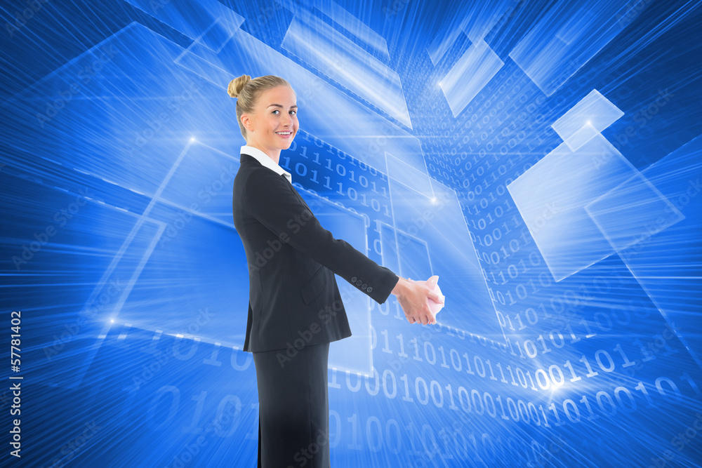 Composite image of happy businesswoman looking at camera Composite image of happy businesswoman looking at camera
