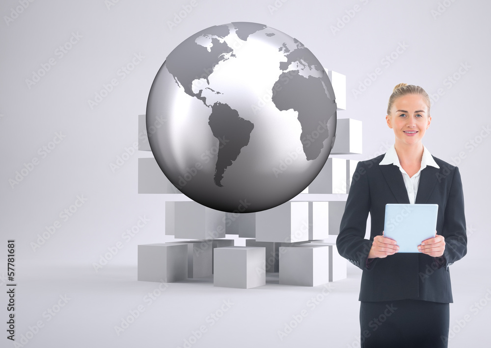 Composite image of businesswoman holding new tablet Composite image of businesswoman holding new tablet