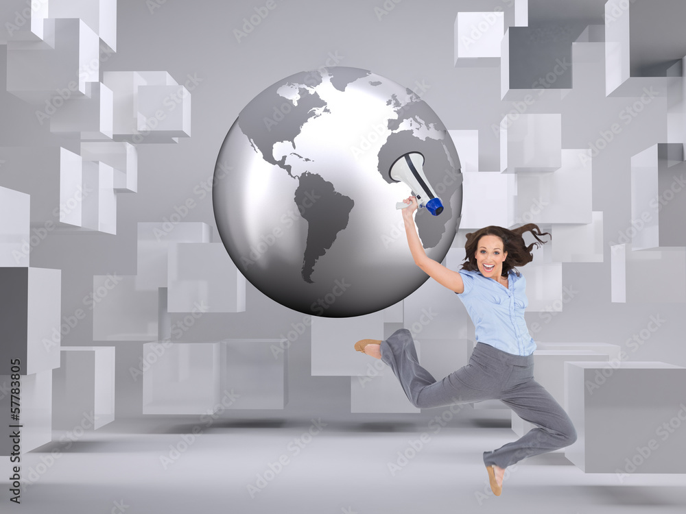 Composite image of cheerful classy businesswoman jumping while h Composite image of cheerful classy businesswoman jumping while h