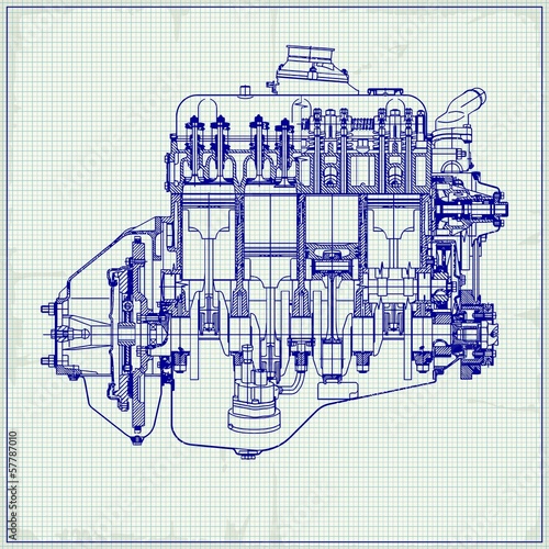 Drawing old engine on graph paper. Vector background.