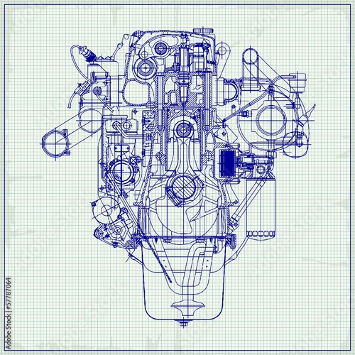 Drawing old engine on graph paper. Vector background.