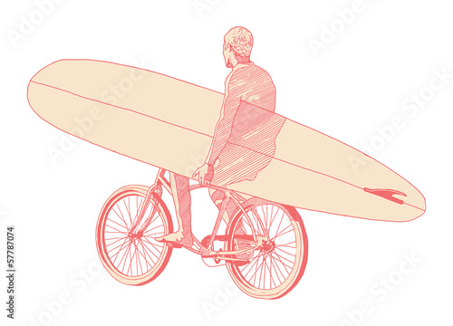 man carrying surf board ride bicycle